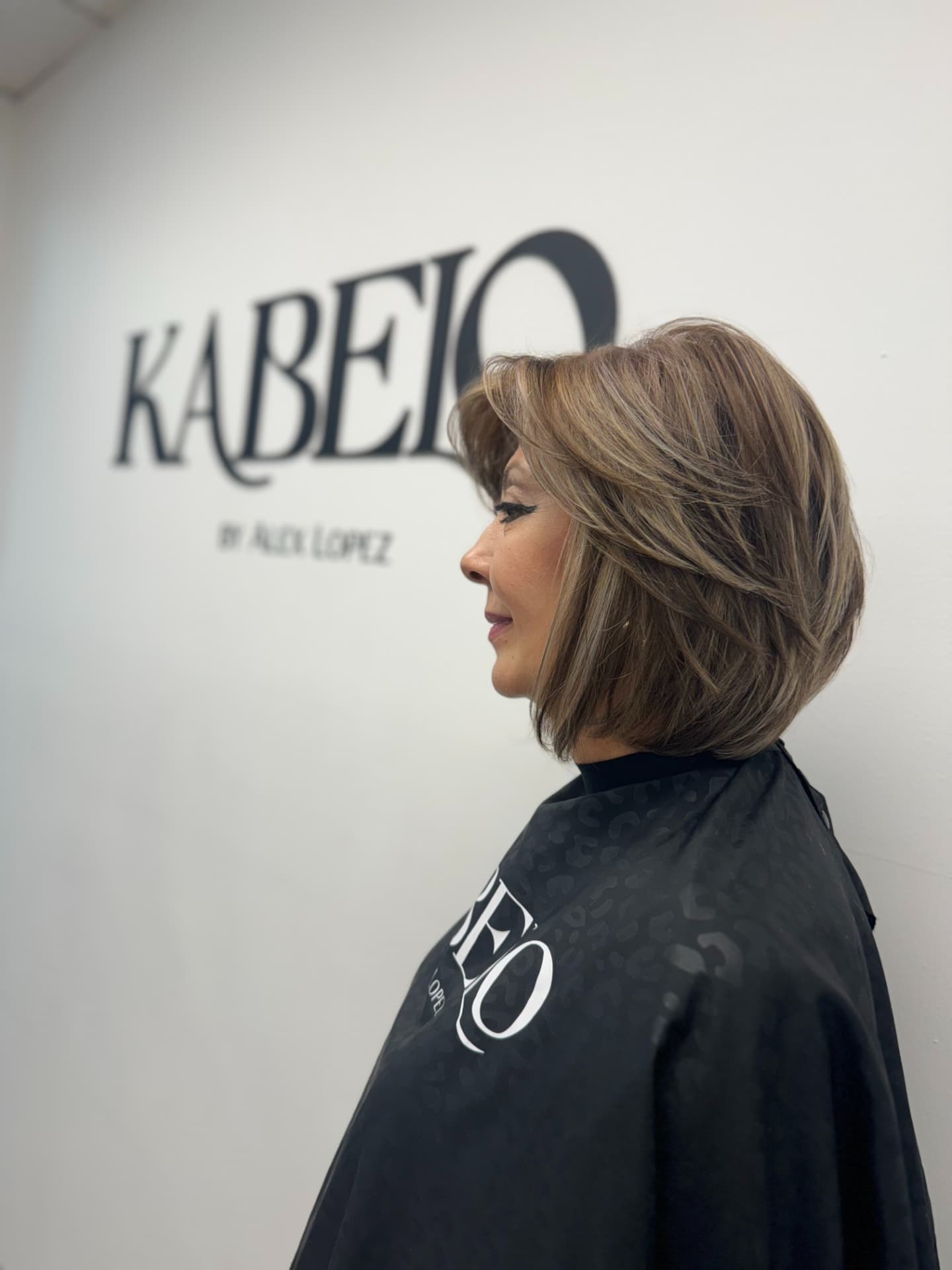 Layered brunette bob with caramel highlights